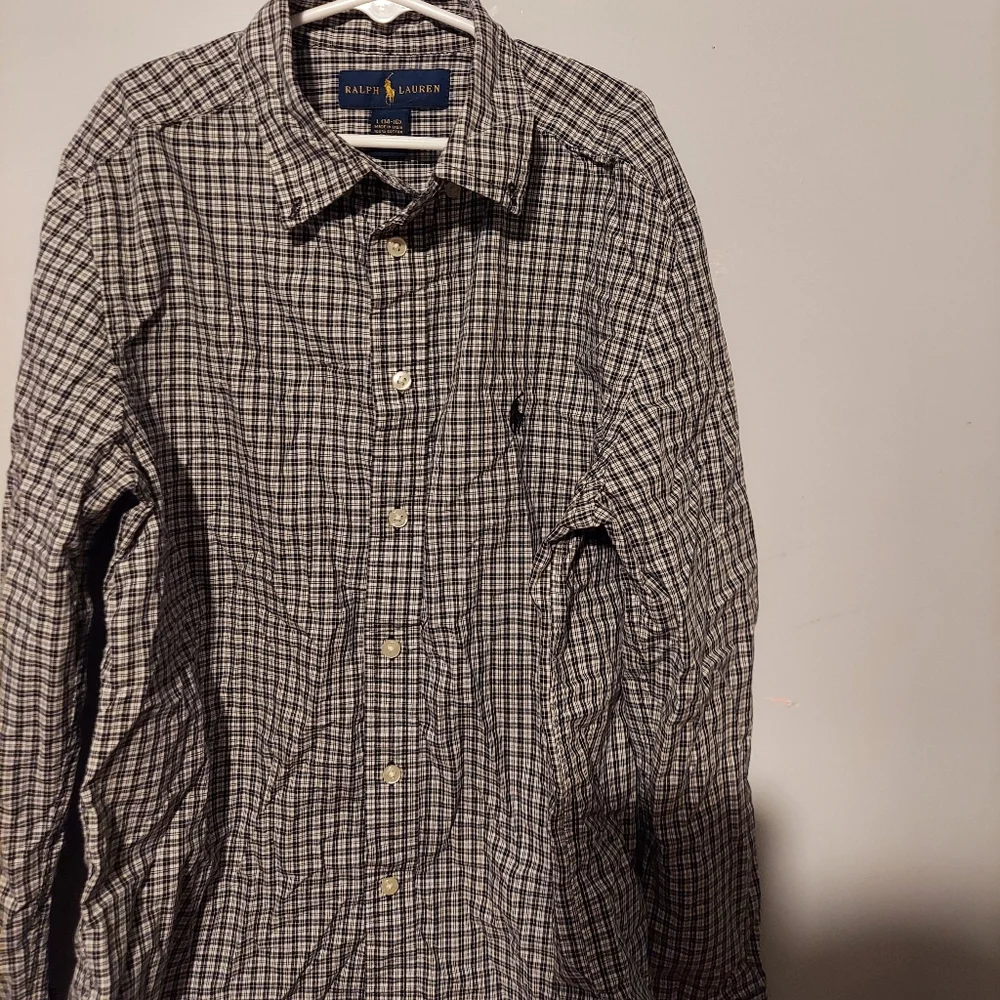 Ralph Lauren Boy's Plaid Shirt Large 14-16 Black Long Sleeve Button Down Preppy